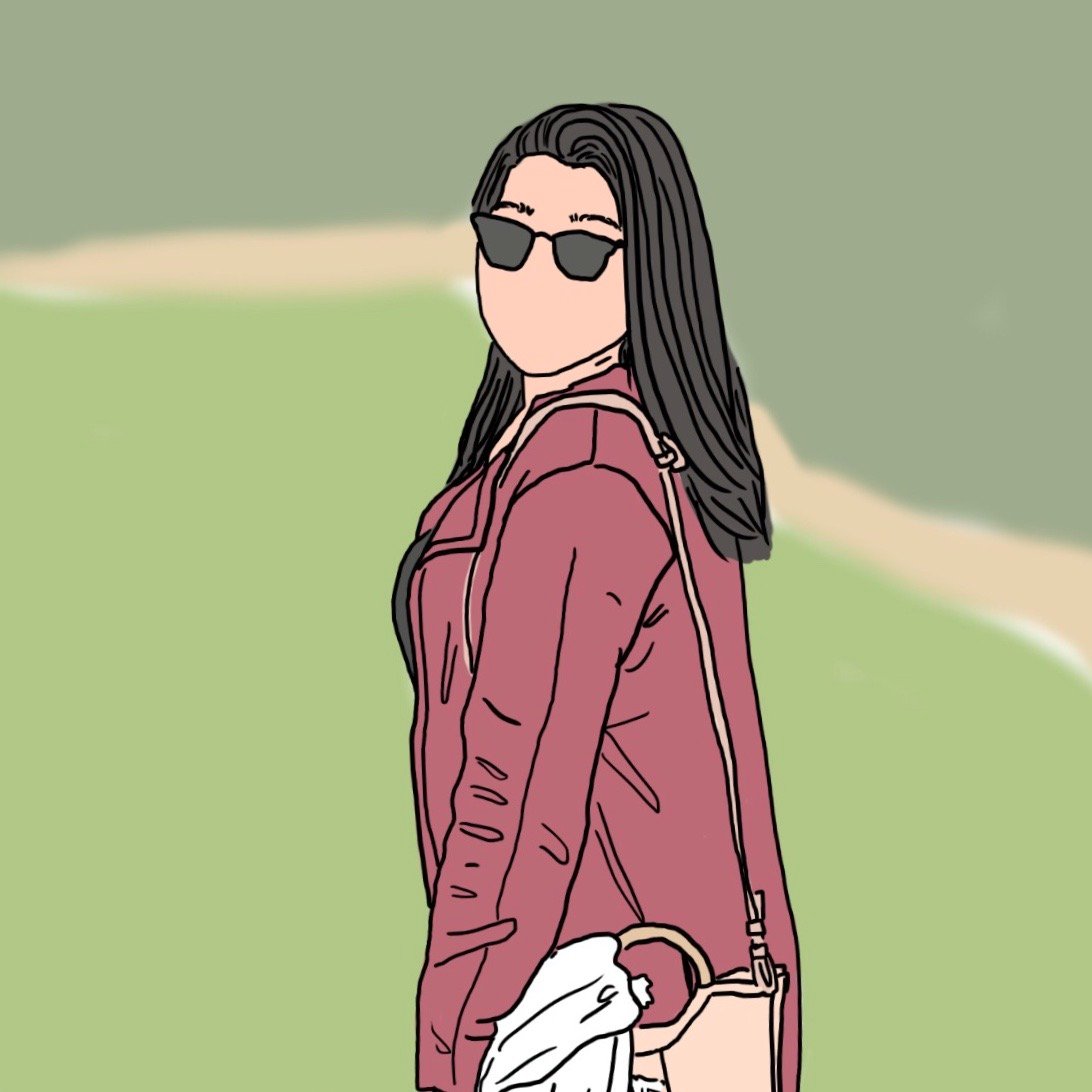 Illustration of Korean Canadian Woman in a dark pink jackett, with light pink mini bag and scarf draped over bag, looking sideways over her shoulder.
