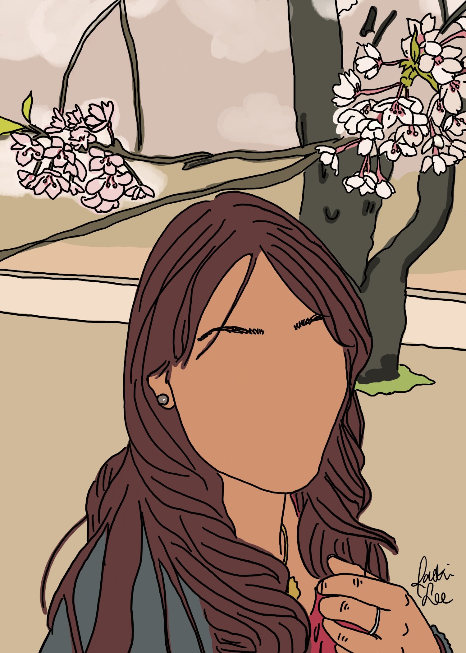 Illustration of Indian Canadian woman with brown har, standing under a blooming tree.