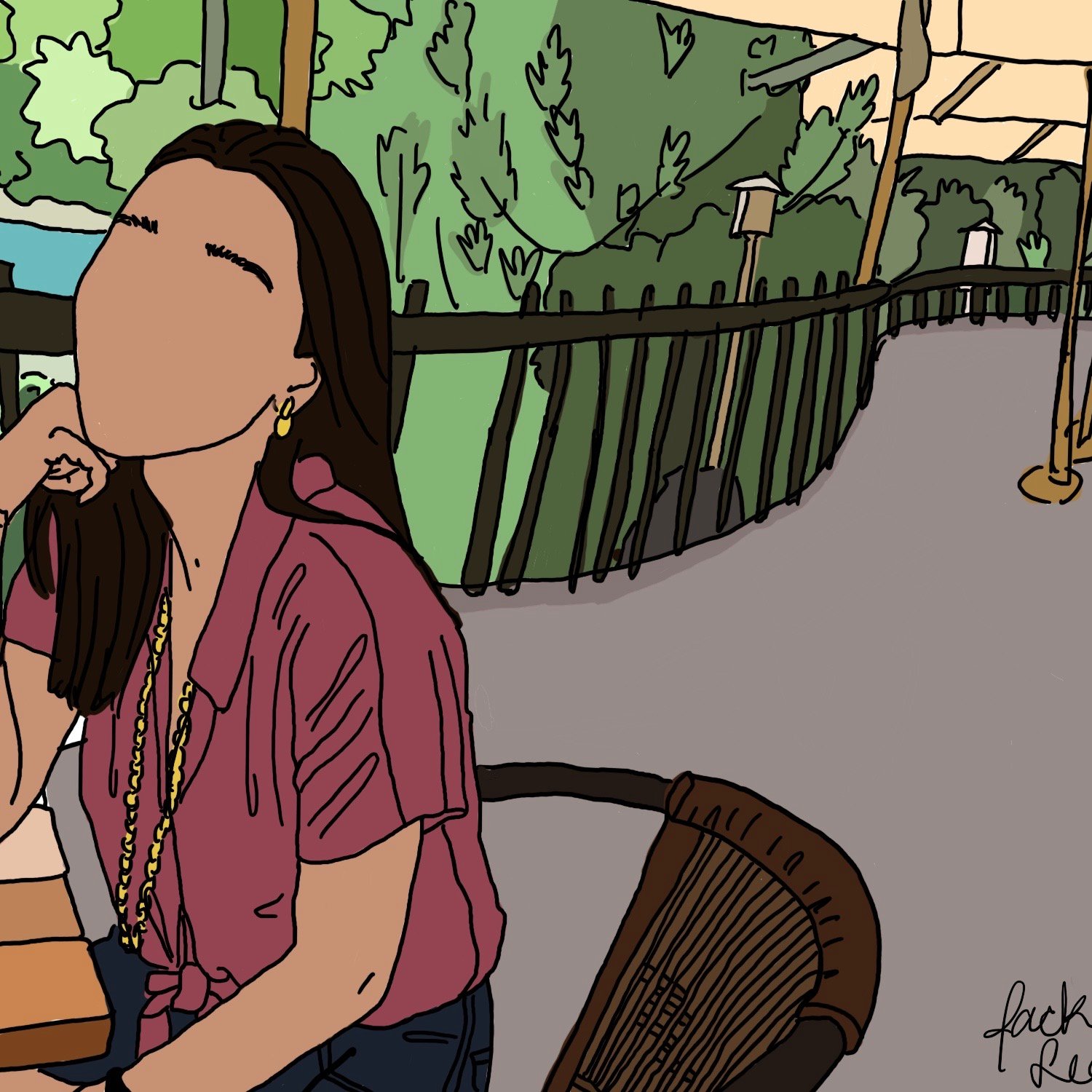 Illustration of Asian American woman sitting, sitting on a woven seat with her chin on her jaw.