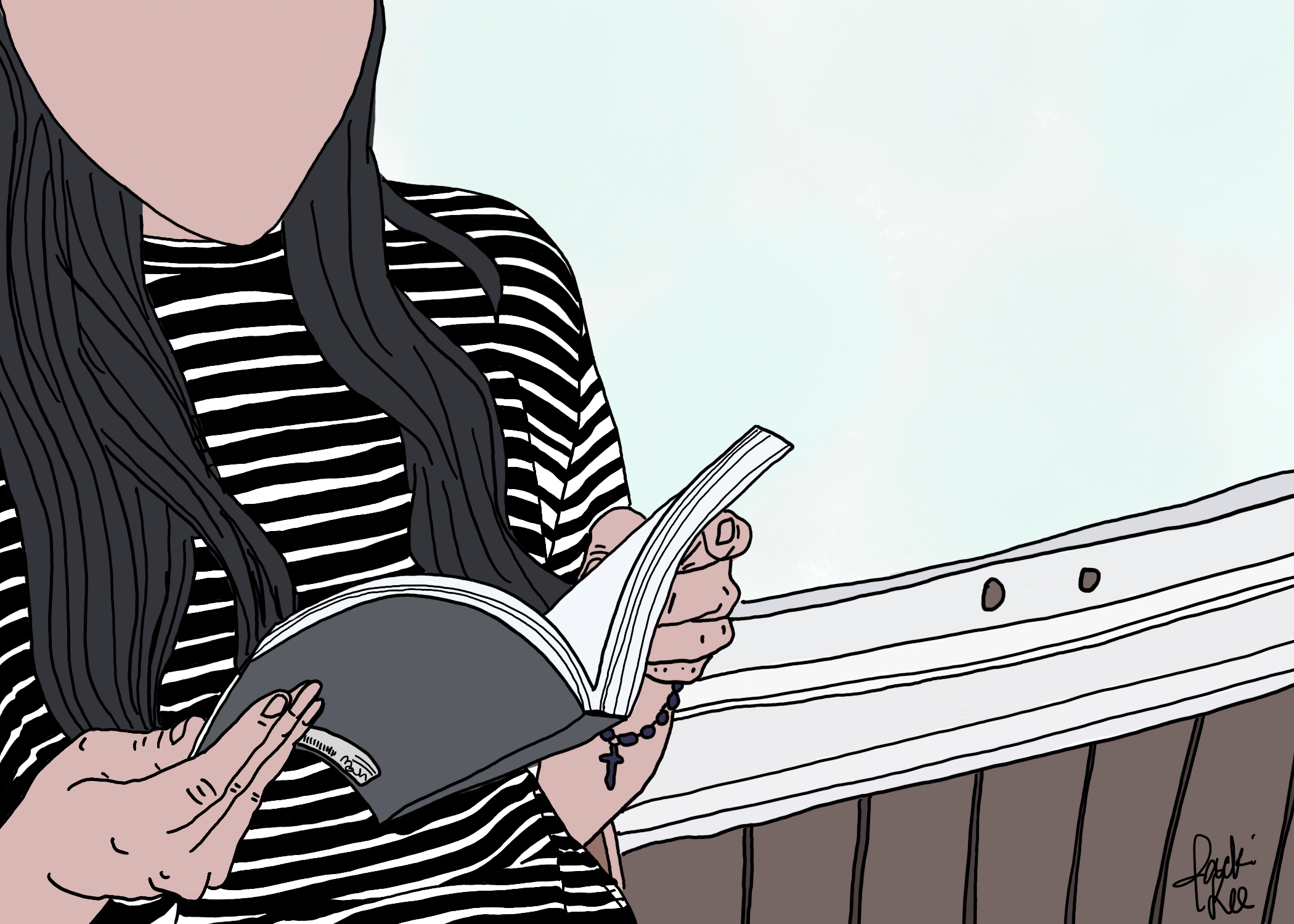 Illustration of Asian woman in a striped dress, reading a book.