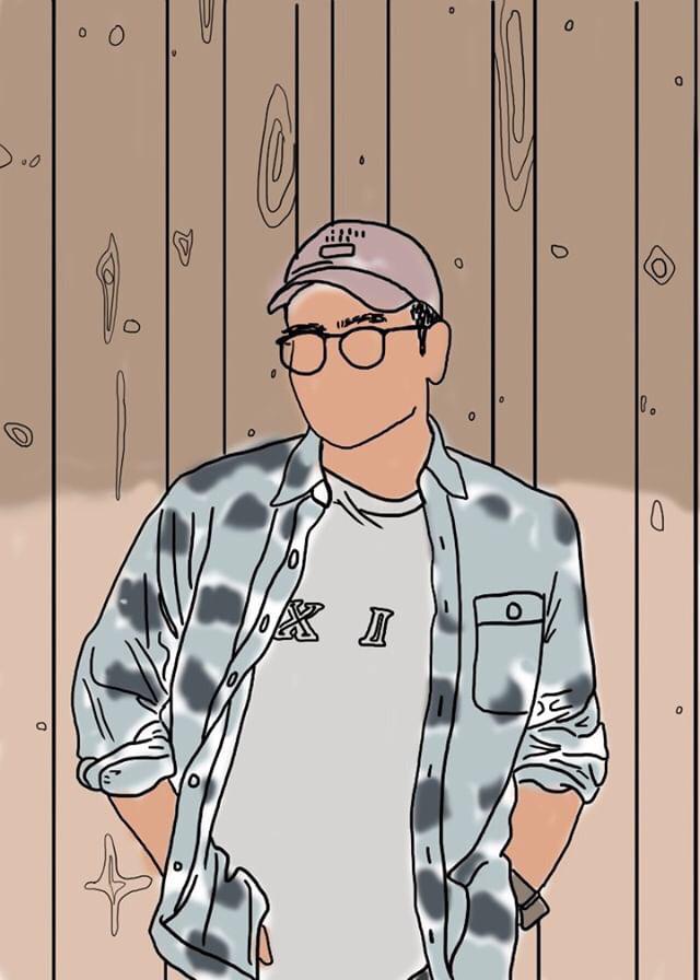 Illustration of Asian man, wearing glasses and a baseball cap, leaning against a wall
